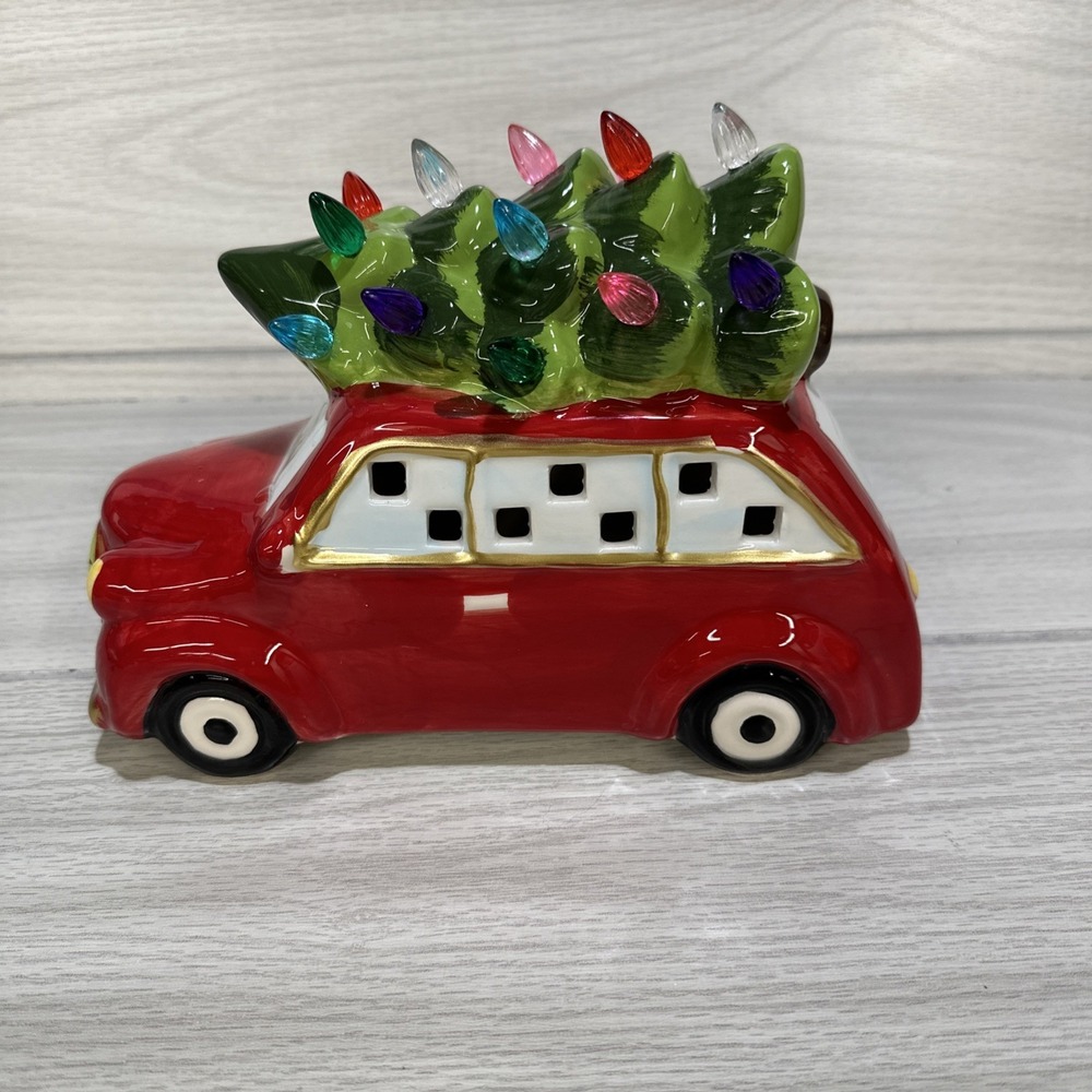 Light Up Ceramic Christmas Tree & Car Christmas Tabletop Decoration 9x6.5x4.5"‎